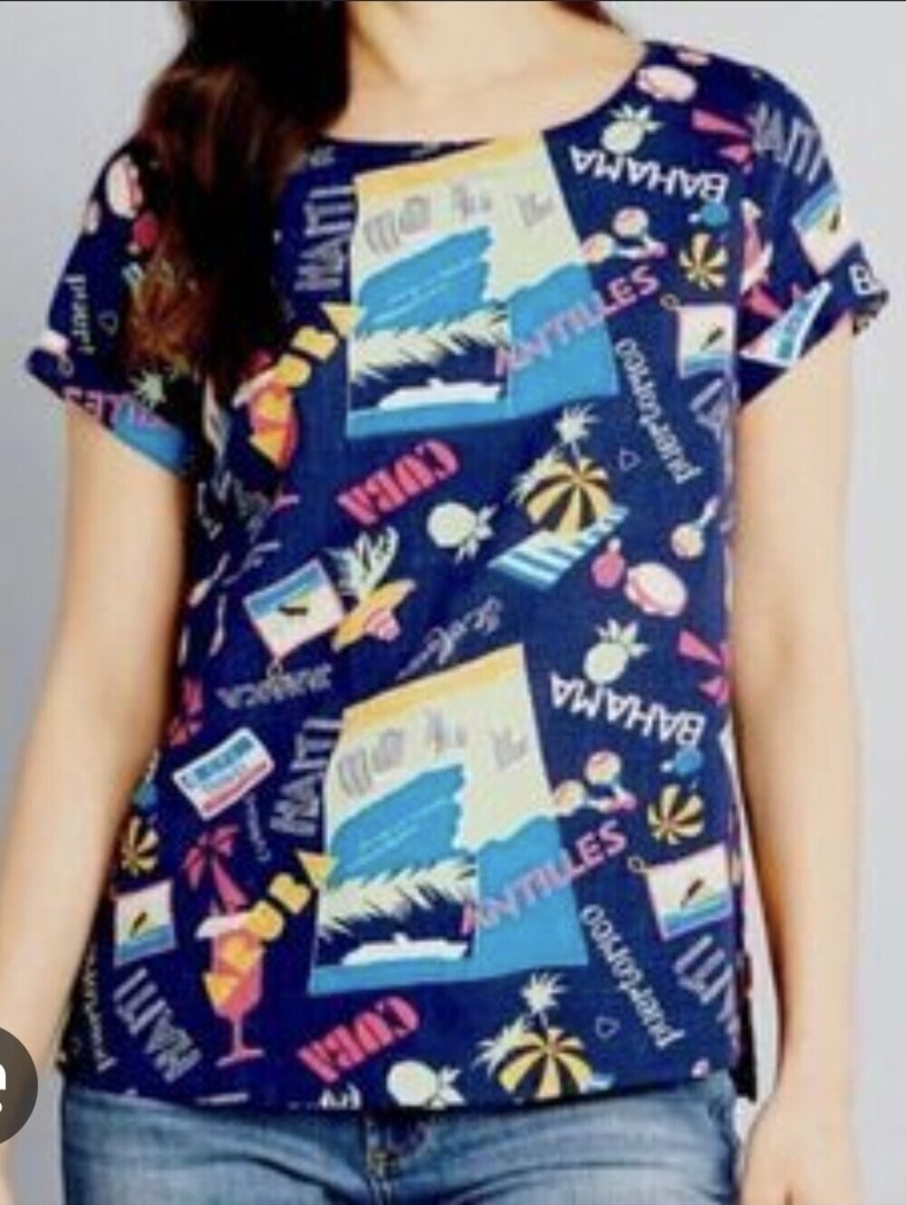 ModCloth Destination Navy Printed Short Sleeves Top Linen Blend Size S